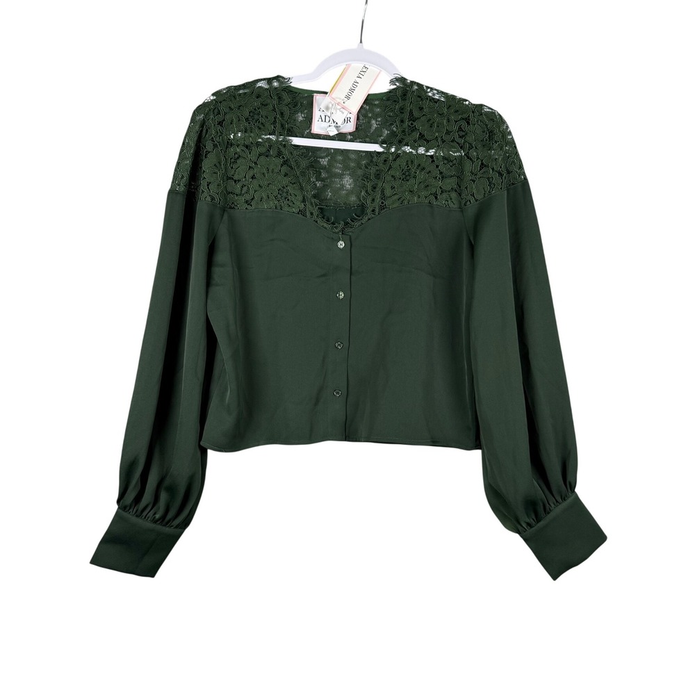 Alexia Admor Womens 6 Blouse Emerald Green Lace Yoke Balloon Sleeve Elegant